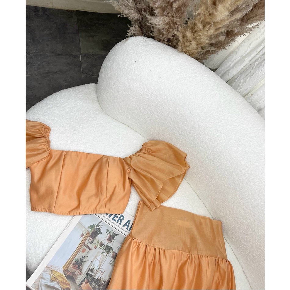 Set áo trễ vai croptop chun lưng mix chân váy nửa cạp chỉ chun chất tơ 2 lớp áo kèm cúp ngực.Ảnh chụp hàng thật