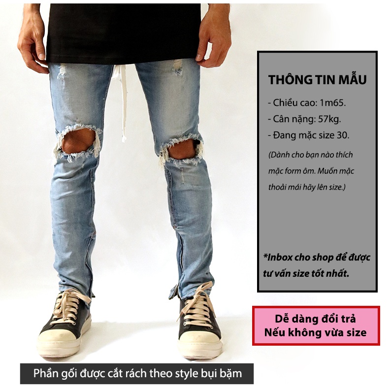 [Mã SKAMAP6 giảm 8% TỐI ĐA 50K đơn250K] Quần jean nam DATINO xanh rách gối form Skinny co giãn ống khóa Zipper, bền màu | BigBuy360 - bigbuy360.vn