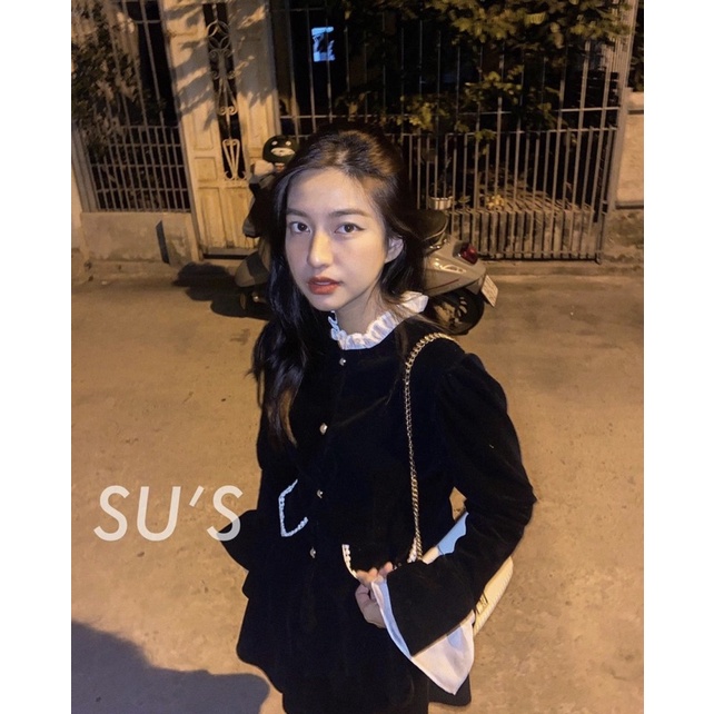 SET NHUNG ĐEN PHỐI BÈO ÁO KHOÁC DẠ CÚC NGỌC KÈM CHÂN VÁY XẾP LY SNDPBN