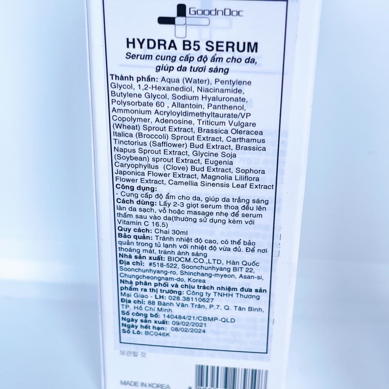 Serum B5 Goodndoc Hydra phục hồi cấp ẩm, mờ thâm 30ml