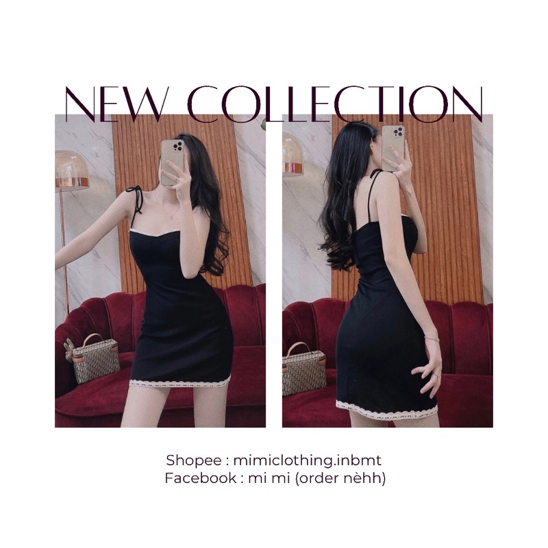 Đầm đen body thun 2 dây viền ren
