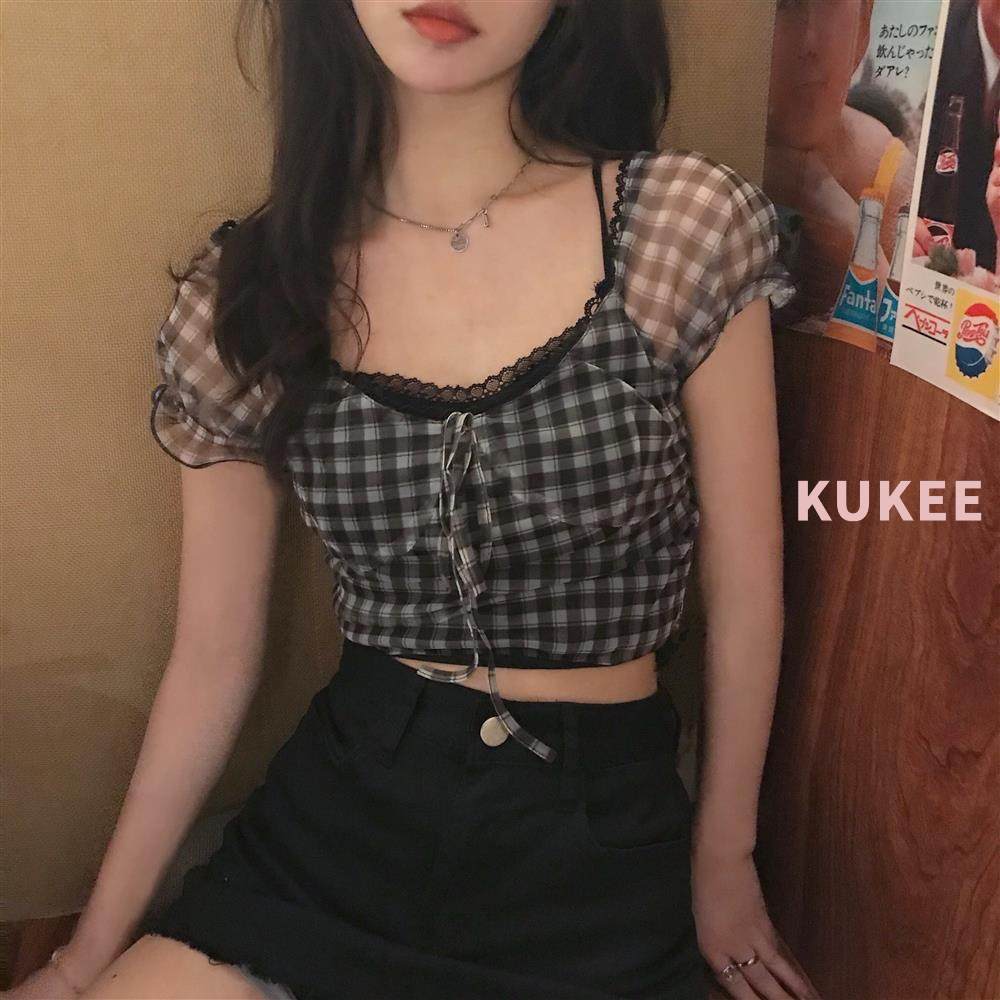 Áo croptop Tay Ngắn Kẻ Ca-Rô Đen Trắng Trẻ Trung Hợp Thời Trang | BigBuy360 - bigbuy360.vn