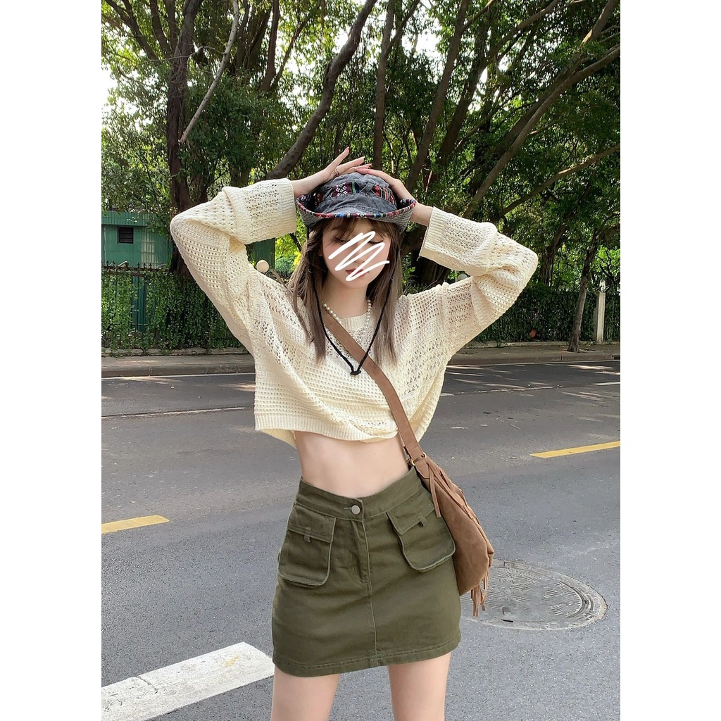 Porozi  Áo sweater  len tay dài/ Chân váy jean lưng cao thời trang nữ tính