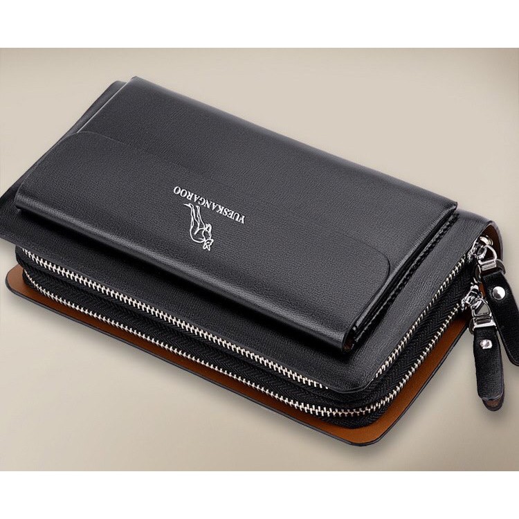 Ví cầm tay NAM NỮ da bò đẳng cấp thời trang YUEKANGAROO 2 ngăn khóa lớn KT 23x13x5cm ĐEN - NÂU