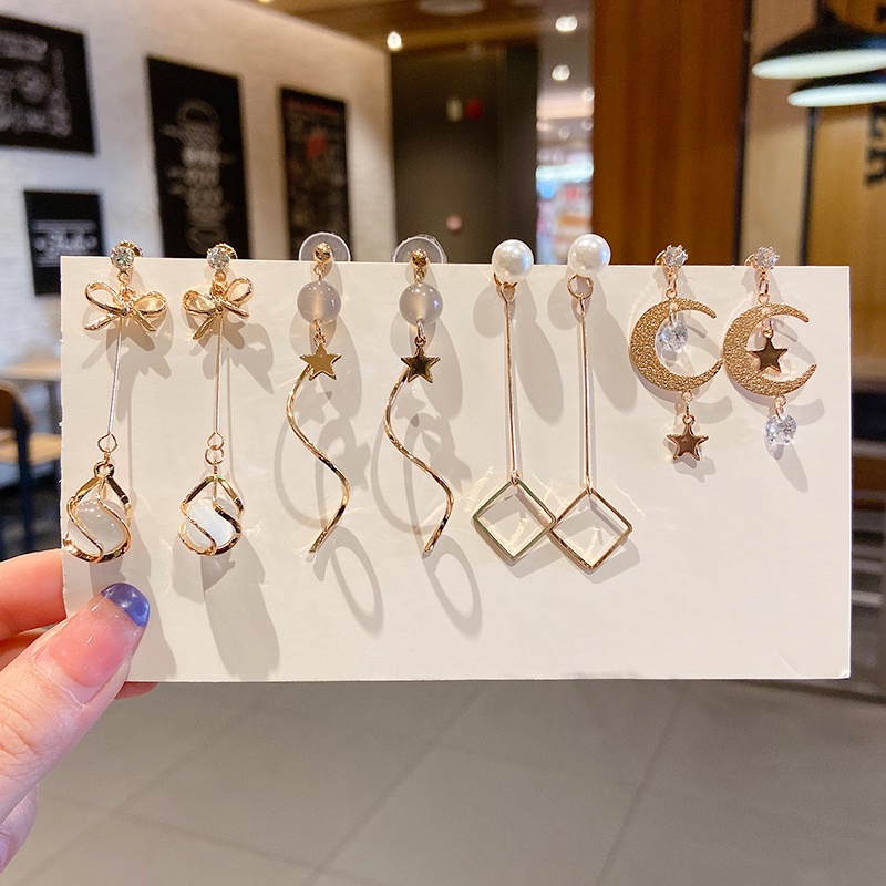 Set 5 Khuyên Tai Dáng Dài Đính Đá Phong Cách Hàn Quốc Mới