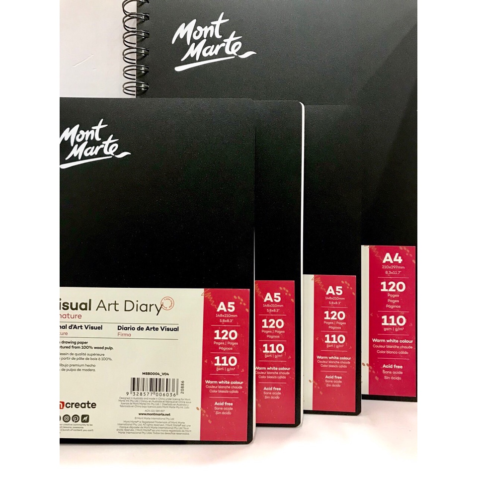 [SUMMER] Sổ lò xo bìa nhựa Mont Marte Visual Art Diary - 110gsm - A3/A4/A5/A6 - 120 tờ