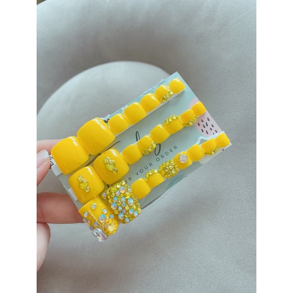 A98 bộ 24 móng chân giả màu vàng đính đá kèm keo dũa