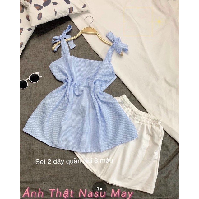 Set Bộ Hai Dây Kẻ Caro Có Dây Thắt Tự Điều Chỉnh Kiểu Dáng Babydoll Phối Quần Sooc Cạp Cao Phong Cách Hàn
