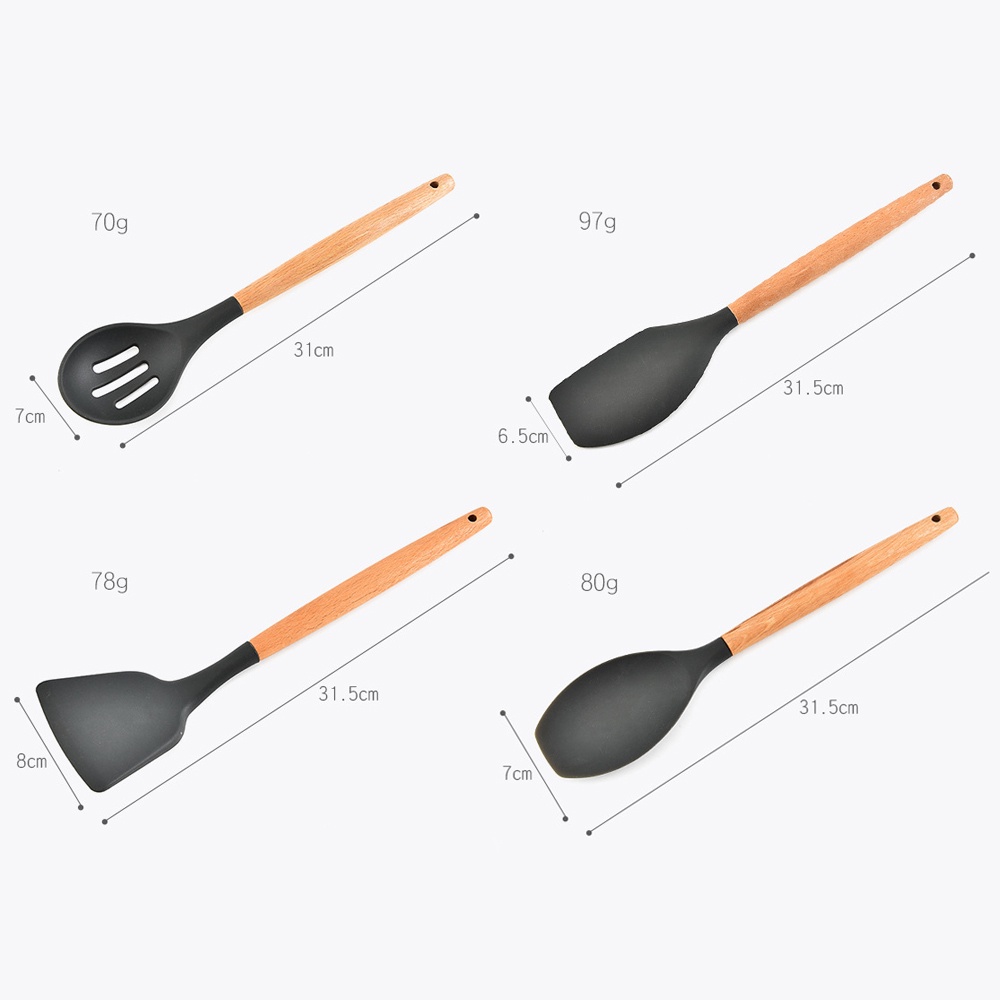 Bộ Dụng Cụ Nấu Ăn Bằng Silicone Cán Gỗ Chống Dính Tiện Lợi