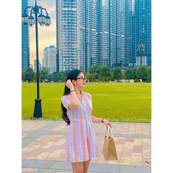Jumpsuit nữ ngắn freesize Ton.Clothing hoạ tiết sọc dọc vải Linen mịn mát thiết kế tay ngắn màu sweet JUM001
