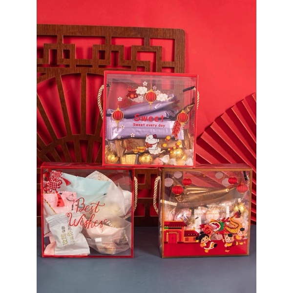 10 hộp mica đựng bánh kẹo kt 14x14x7cm mẫu mèo tài lộc