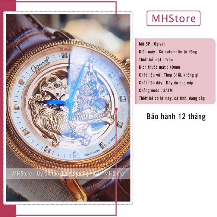 Đồng hồ cơ nam Ogival dây da cao cấp chính hãng sang trọng, lịch lãm, đẹp giá rẻ, mang lại tài lộc và may mắn