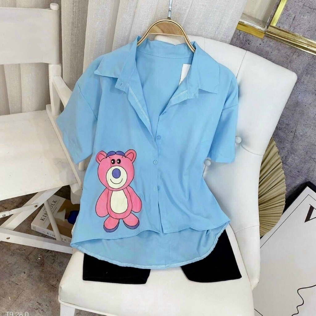 Áo Sơ Mi Nữ Tay Lỡ Form Rộng In Hình Gấu Dễ Thương alohashop91