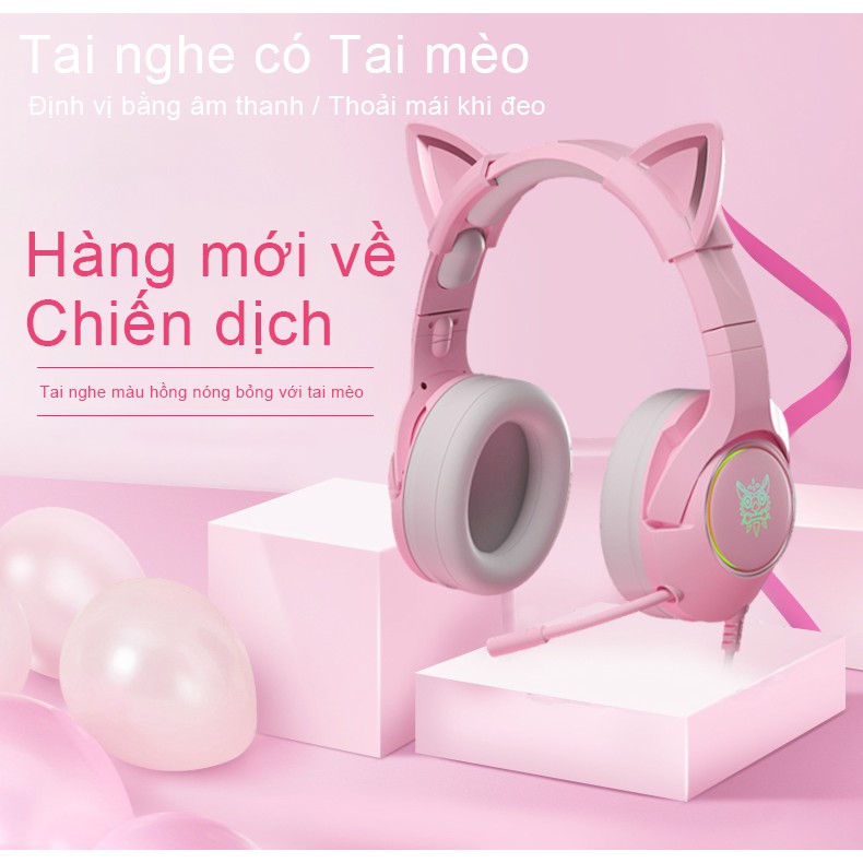 ONIKUMA K9 HồngTai nghe tai mèo dễ thương có mic tai nghe chụp tai chơi game thương có mic chống ồn Tai tai nghe mèo