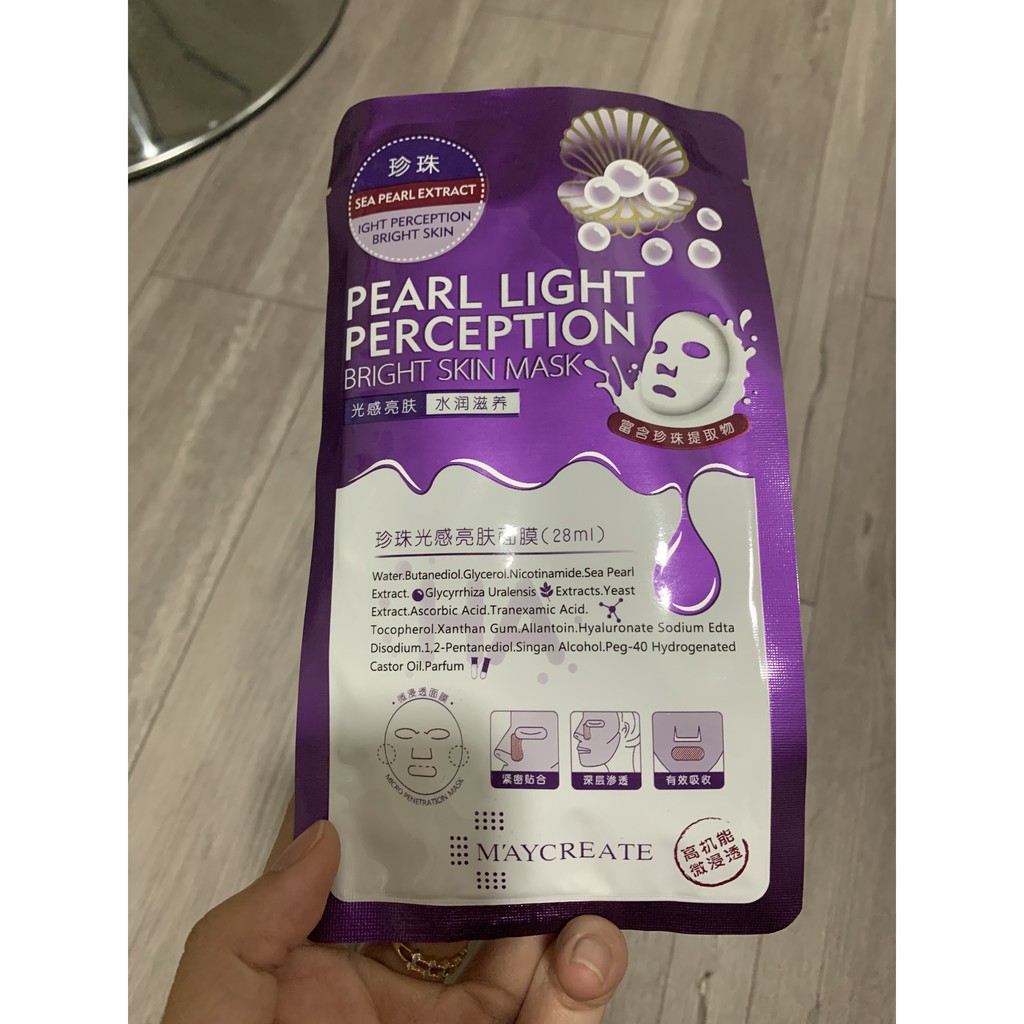 Mặt Nạ Dưỡng Ẩm Dưỡng Trắng Da HA Tím Pearl Light Perception Bright Skin Mask Maycreate Ngọc Trai 1 miếng Nội địa Trung