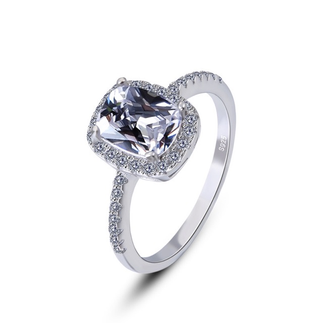 Nhẫn bạc nữ H.A.S hình mặt chữ nhật đính kim cương nhân tạo phủ bạch kim - Nhẫn bạc thời trang N0004