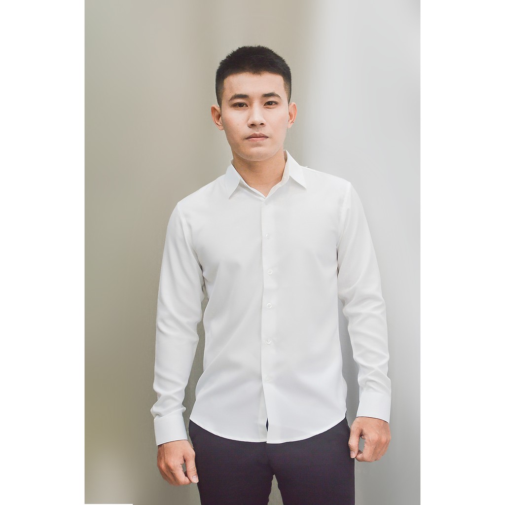 Áo sơ mi nam ôm body màu trắng chất liệu vải cotton lụa mềm mịn thoáng mát
