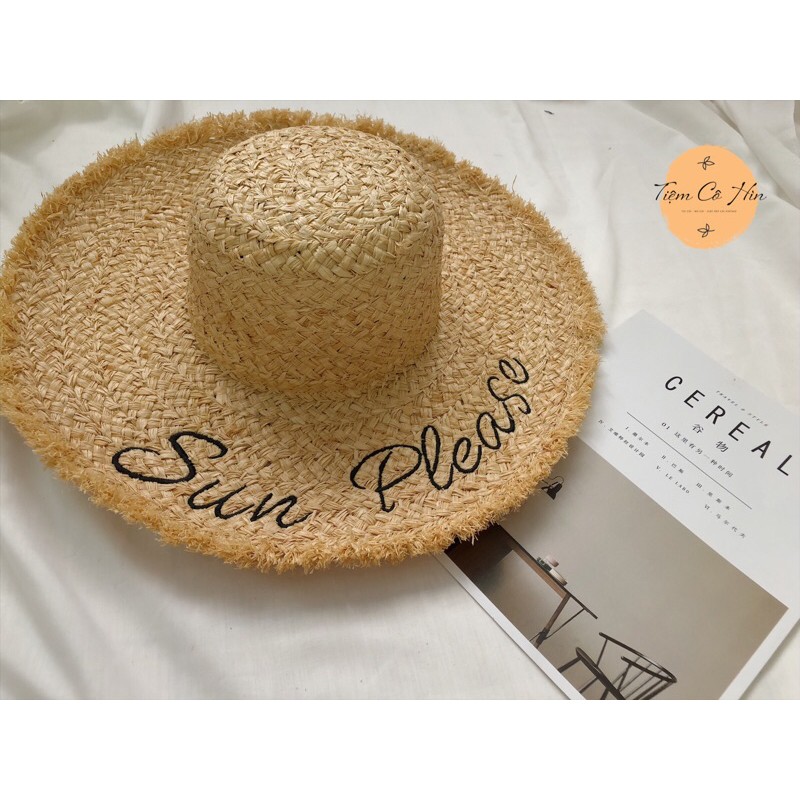 Mũ cói rộng vành thêu chữ Sun Please Tiệm Cô Hìn vành 12cm kiểu dáng trẻ trung thích hợp đi biển ship 1h lỗi 1 đổi 1