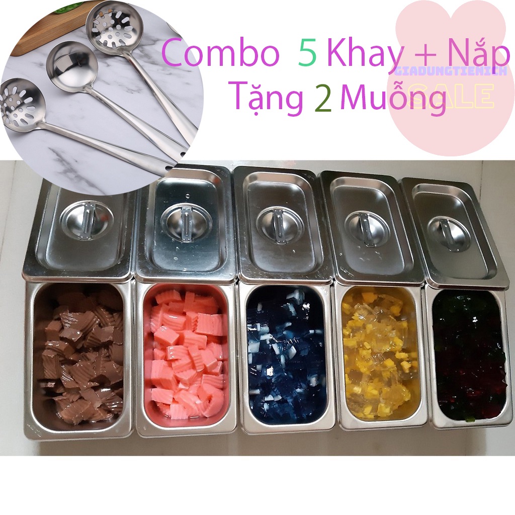 Combo 5 Bộ Khay Inox Đựng Thạch Trà Sữa, Topping GN 1/9 Các Size (Có Nắp)