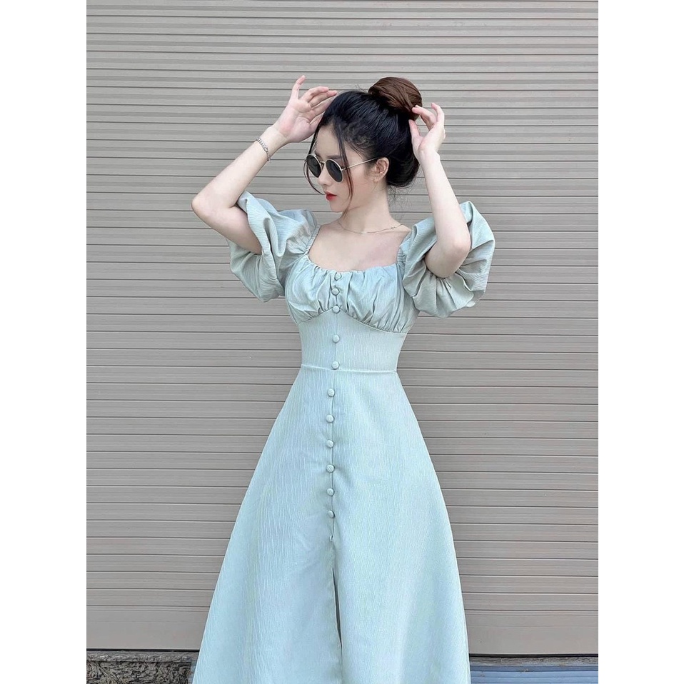 Đầm nữ cổ vuông tay phồng nút bọc nữ tính Mity Dress