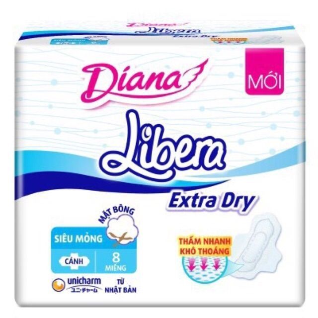 Băng vệ sinh Diana Extra Dry mặt bông siêu mỏng cánh (gói 8 miếng)