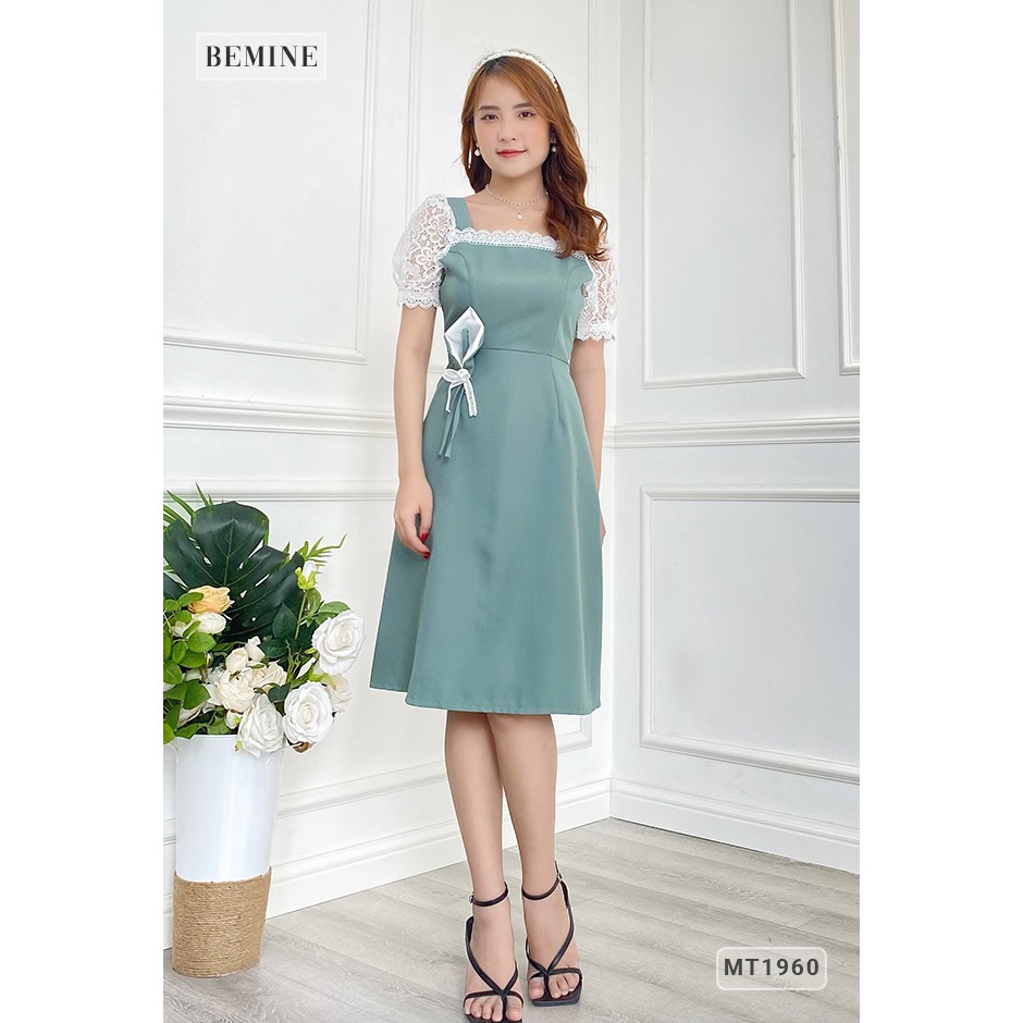 Đầm nữ cổ vuông tay phối ren hoa eo BEMINE MT1960XANH | BigBuy360 - bigbuy360.vn