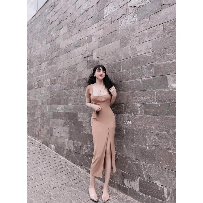 Đầm body xẻ tà cổ vuông cực tôn dáng, váy dáng dài chất thun gân co giãn tốt, phù hợp diện mọi hoàn cảnh | BigBuy360 - bigbuy360.vn