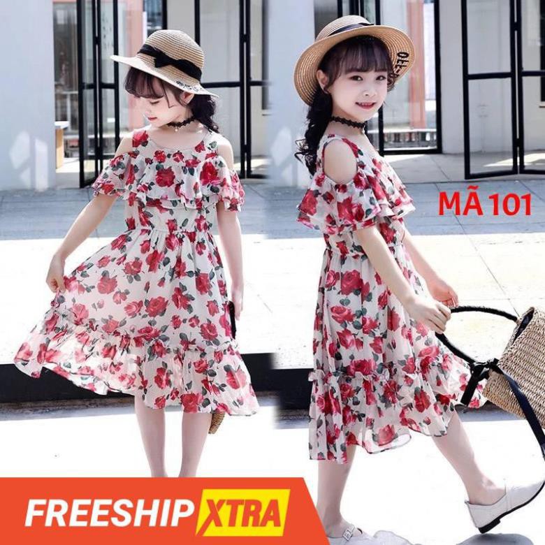 Đầm bé gái maxi trễ vai cao cấp mã 101, voan mềm mịn cho bé gái 13kg-50kg  ྇