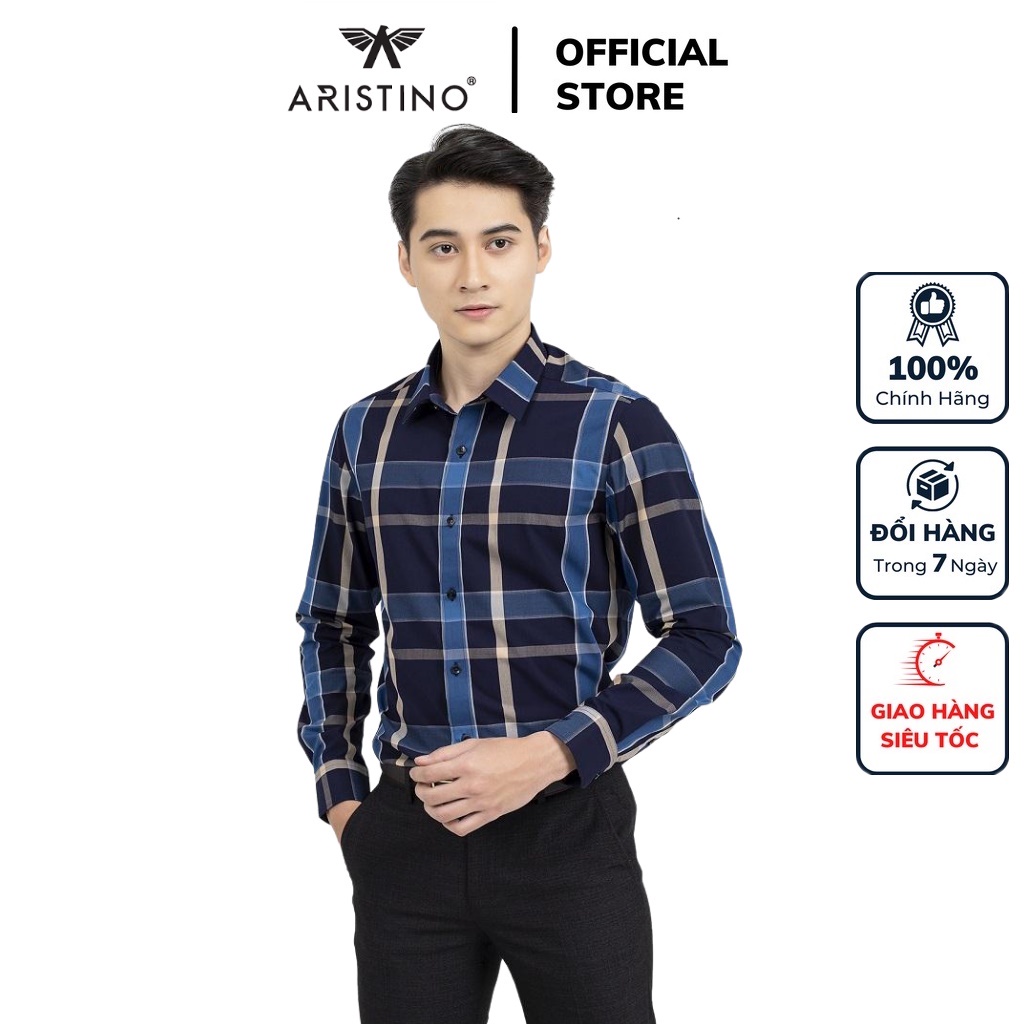 Áo sơ mi nam dài tay ARISTINO ALS29001 somi công sở chất liệu sợi sồi cao cấp mềm mát màu xanh kẻ ô dáng ôm không túi