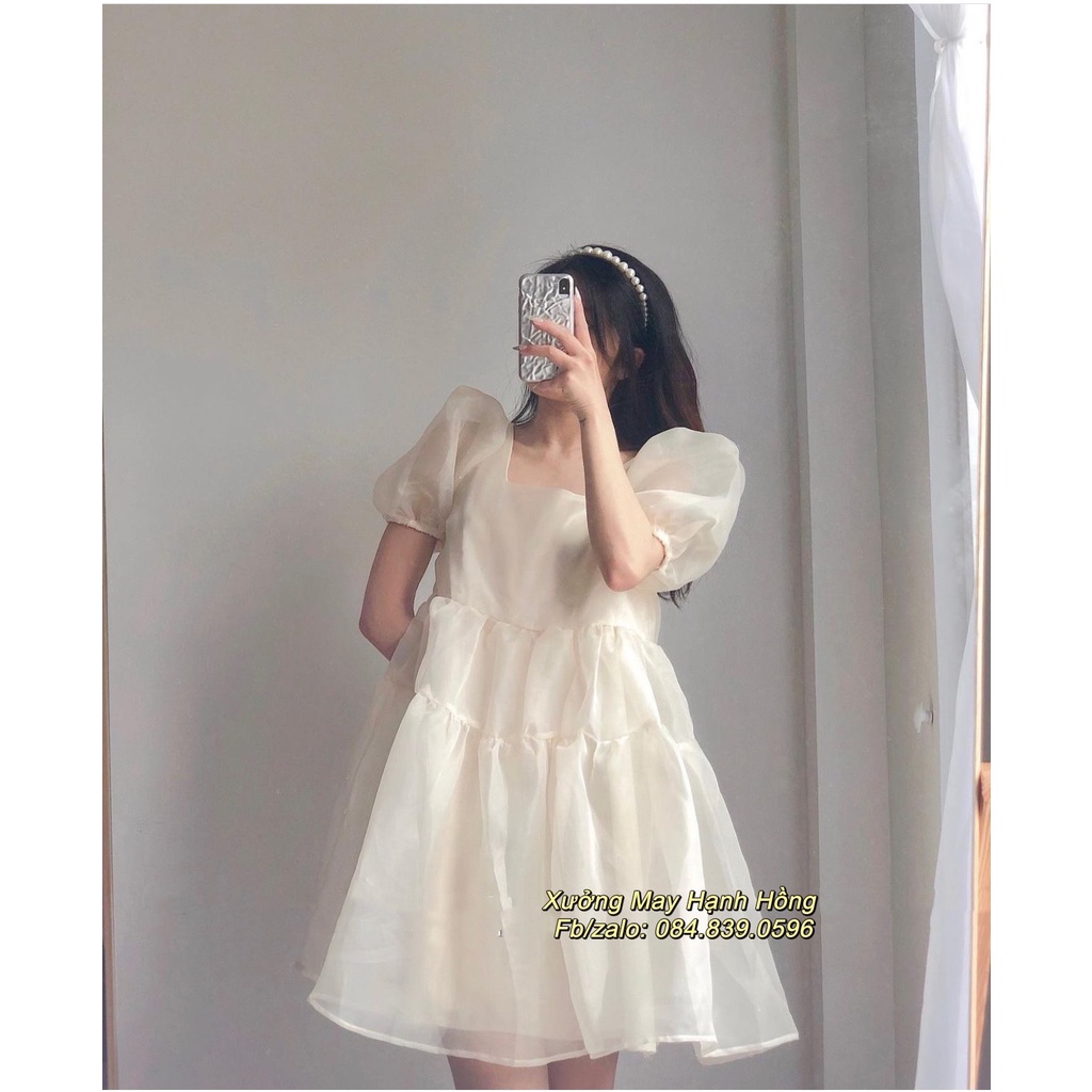 Váy trắng dự tiệc tiểu thư tay phồng cổ vuông, Váy công chúa trắng tay bồng có đệm ngực