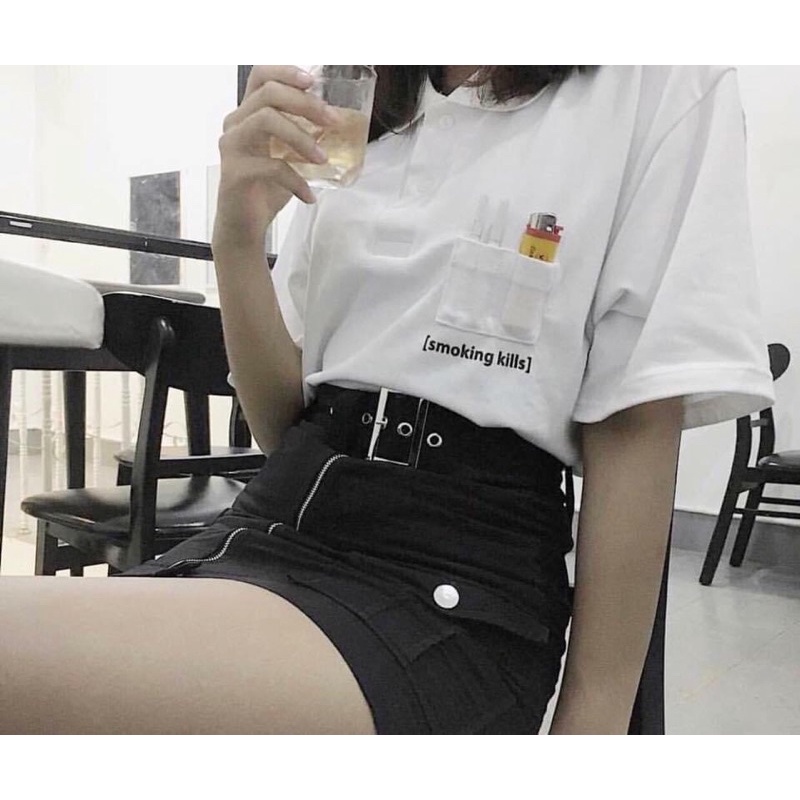 Áo Thun POLO Cổ Bẻ Thêu Smoking Kills Ảnh Thật