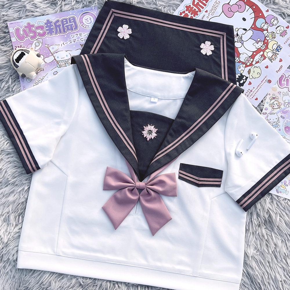 Seifuku/ Set váy đồng phục học sinh Nhật Bản: áo cổ thủy thủ thêu hoa anh đào + nơ + chân váy xòe xếp ly