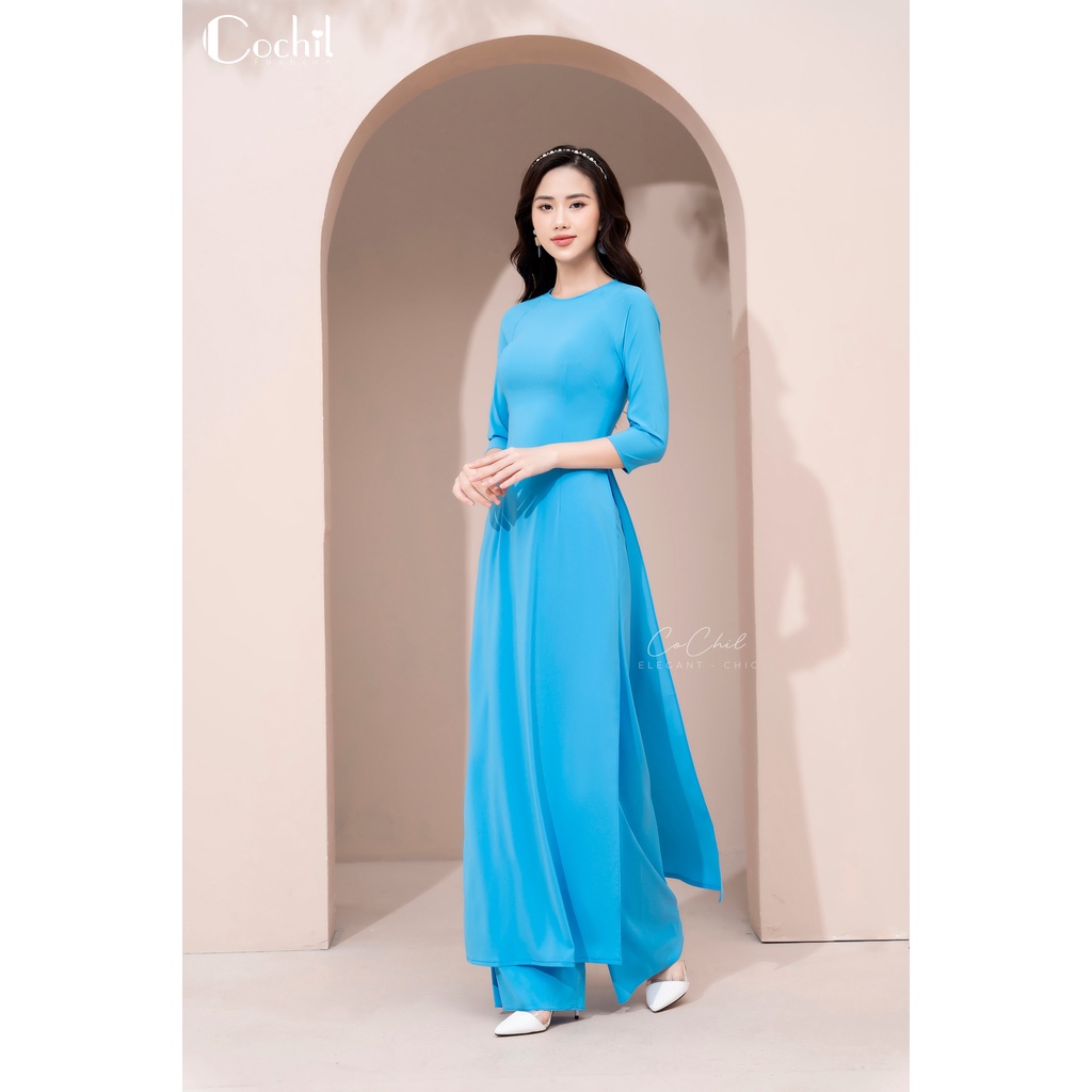 Áo Dài Trơn Cổ Tròn Tay Lỡ - Xanh Da Trời Nhạt - Áo Dài COCHIL - AD002