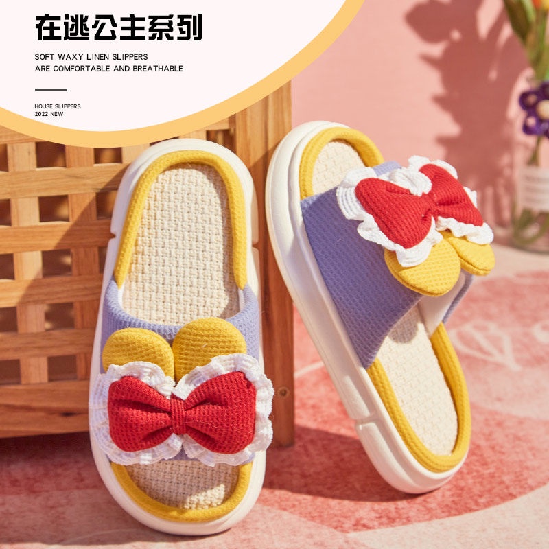Dép Cotton Lanh Đế Dày Đính Nơ Chống Trượt Thời Trang Mùa Hè Cho Nữ