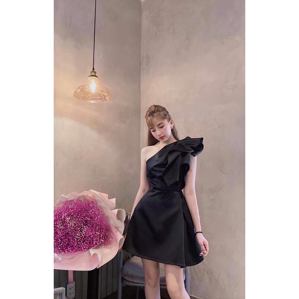 Đầm xoè dự tiệc kiểu lệch vai xếp eo đắp chéo tà (HÀNG CAO CẤP)