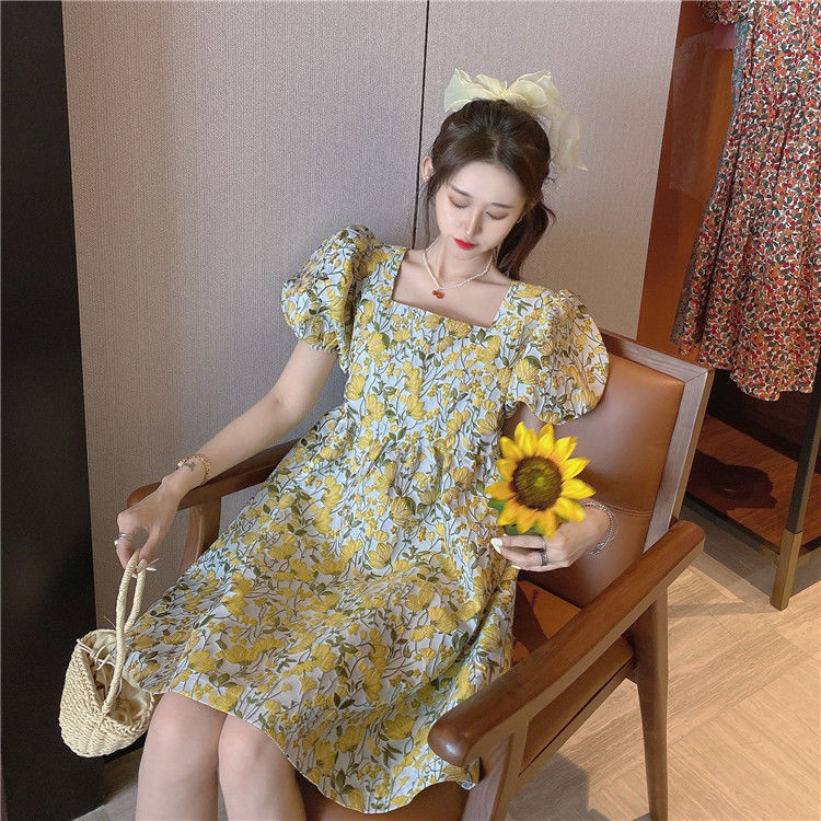 Đầm Hoa Tay Phồng Cổ Vuông Xinh Xắn Cổ Điển Dành Cho Nữ