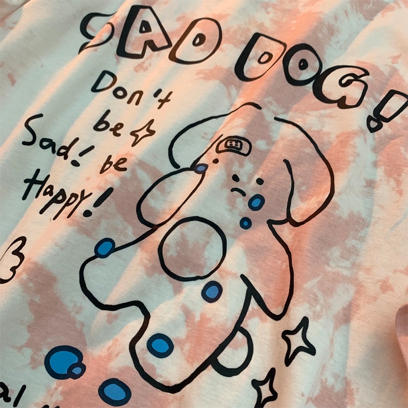 Áo thun tay lỡ Nam - Nữ from rộng cotton in hình CÚN con dễ thương màu loang, chữ SAD DOG!