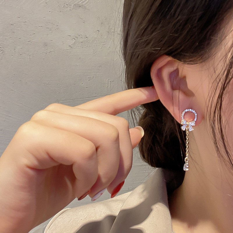 Đôi Bông Tai Mạ Bạc 925 Hình Nơ Đính Đá Xinh Xắn