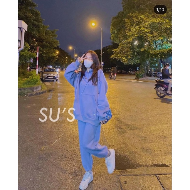 Set bộ thể thao áo hoodie tặng kèm quần thu đông ấm áp xanh be Nhungkudo