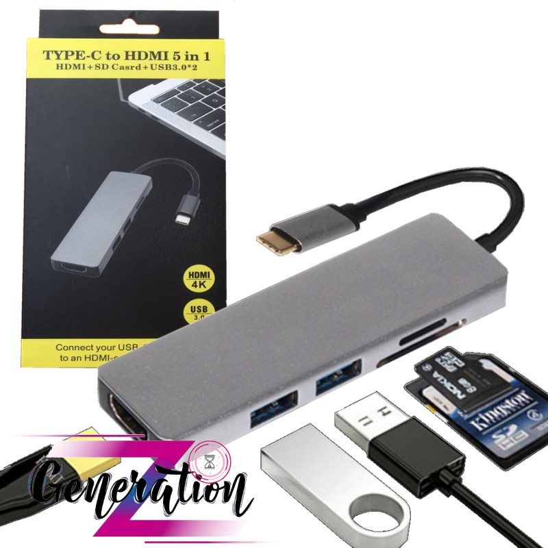 Bộ Chuyển Usb Type-C Ra 2 Port Usb 3.0+ 1 Hdmi + 2 Đầu Đọc Thẻ (5.1)