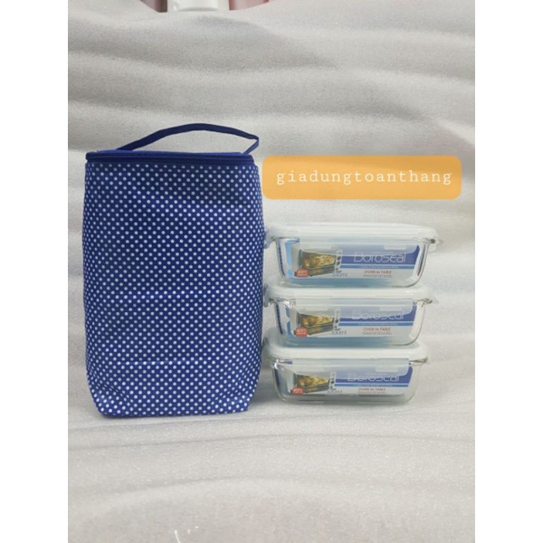 Bộ 3 hộp thủy tinh chữ nhật lock and lock 530ml kèm túi giữ nhiệt .
