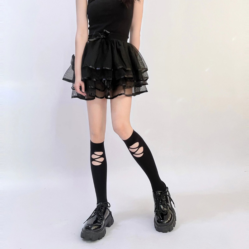 Brroa Vớ Cao Đến Đầu Gối Màu Đen Phối Lỗ Rách Phong Cách Gothic Harajuku Punk Cá Tính Đường Phố Cho Nữ
