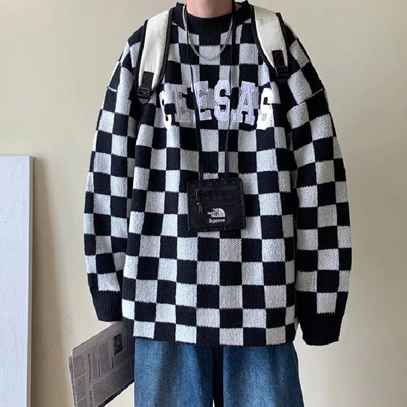 Áo sweater dệt kim cổ tròn tay dài dáng rộng in chữ thời trang thu đông cho nam size M-2XL