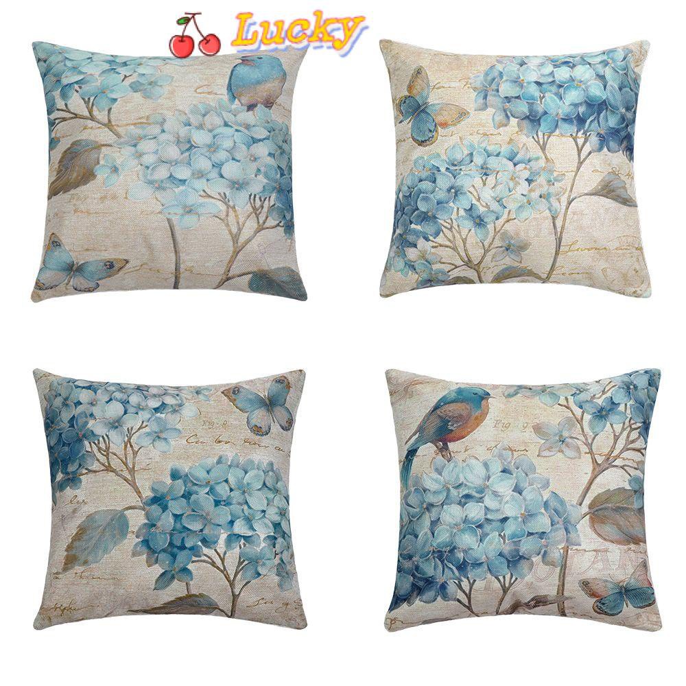 LUCKY 18x18in Bedroom Pillow Covers Home Decorations Blue Flowers and Birds Pillowcase Living Room Linen Square Retro Flax