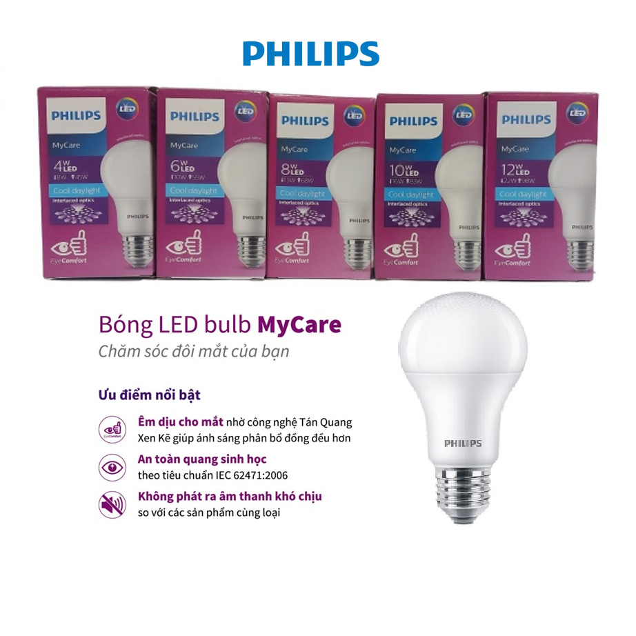 Bóng đèn PHILIPS LED BULB Mycare A60 -Công suất (4W,6W,8W,10W,12W)