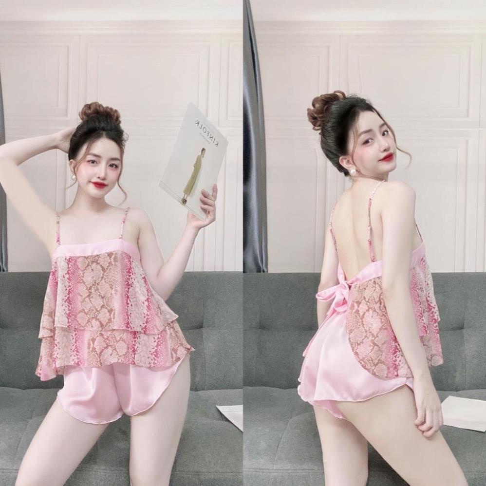 Đồ Ngủ Sexy, Bộ Đùi Cột Dây Sau Quần Satin Phối Voan 40<65kg . | BigBuy360 - bigbuy360.vn