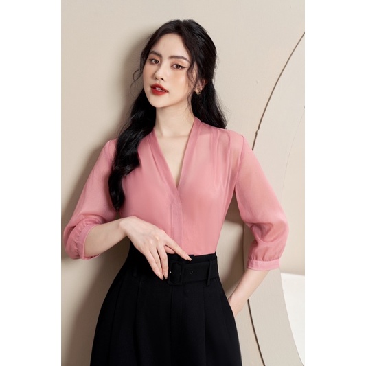 KOKA Design Áo sơ mi cổ tim tay lỡ tơ xước tặng áo 2 dây KOKA AO00901