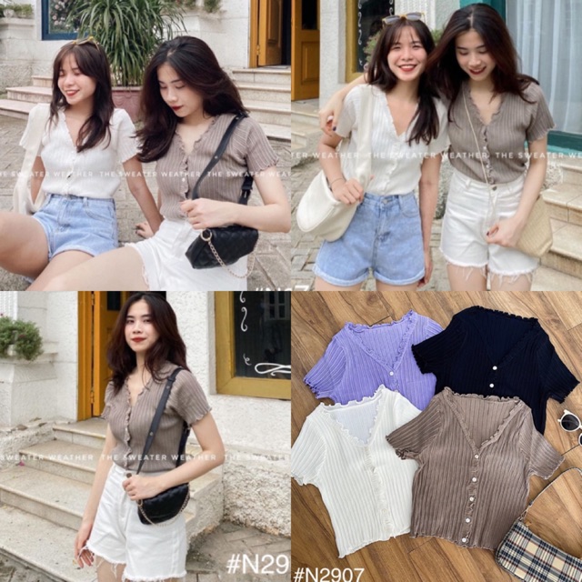 Áo kiểu SINI CROPTOP cổ chữ V thiết kế kiểu ở phần cổ áo form croptop chuẩn 4 màu