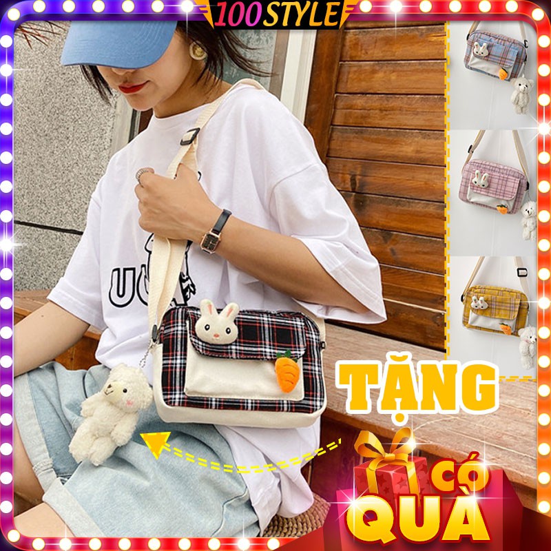 [Mã FASHIONT4WA2 giảm 10K đơn từ 50K] Túi Vải Nhỏ Dáng Ngang Caro Tặng Gấu Bông Korea