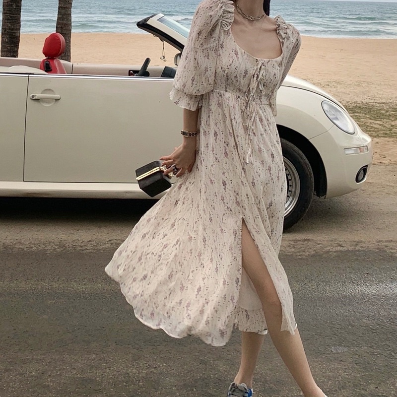 Đầm voan hoa nhí Hàn Quốc tay phồng xẻ vạt dáng xoè